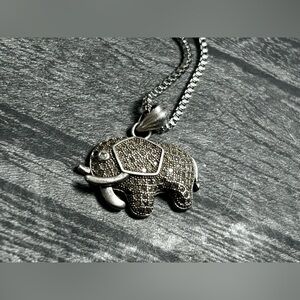 925 Sterling Silver Marcasite Asian Elephant Pendant and Chain